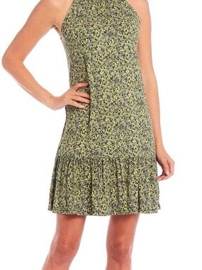 Michael Kors Olive Floral Halter Ruffle-Hem Mini Dress